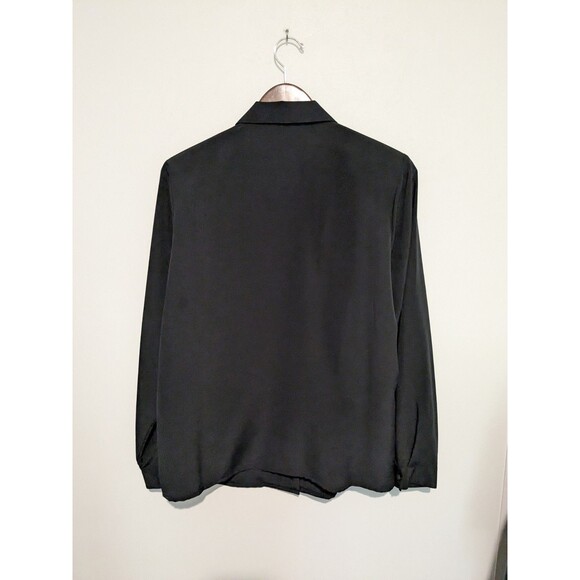 Vintage 80s Black Poly Pleated Front Secretary Blouse 12 L Padded Shoulder - Picture 2 of 4